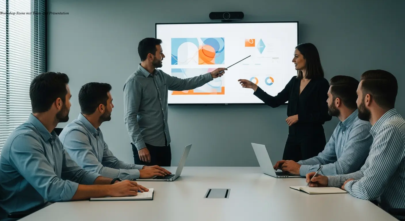 Workshop Szene mit Team und Präsentation