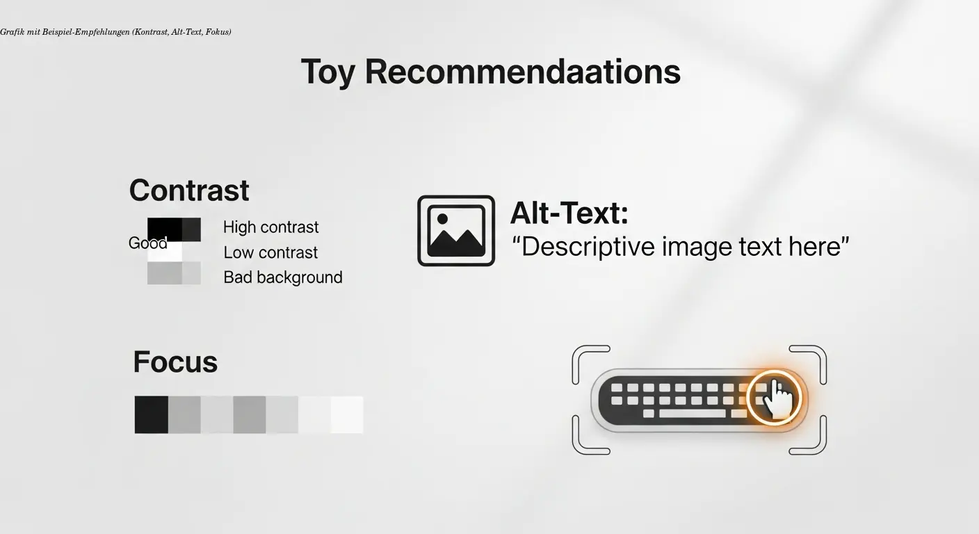 Grafik mit Beispiel-Empfehlungen (Kontrast, Alt-Text, Fokus)