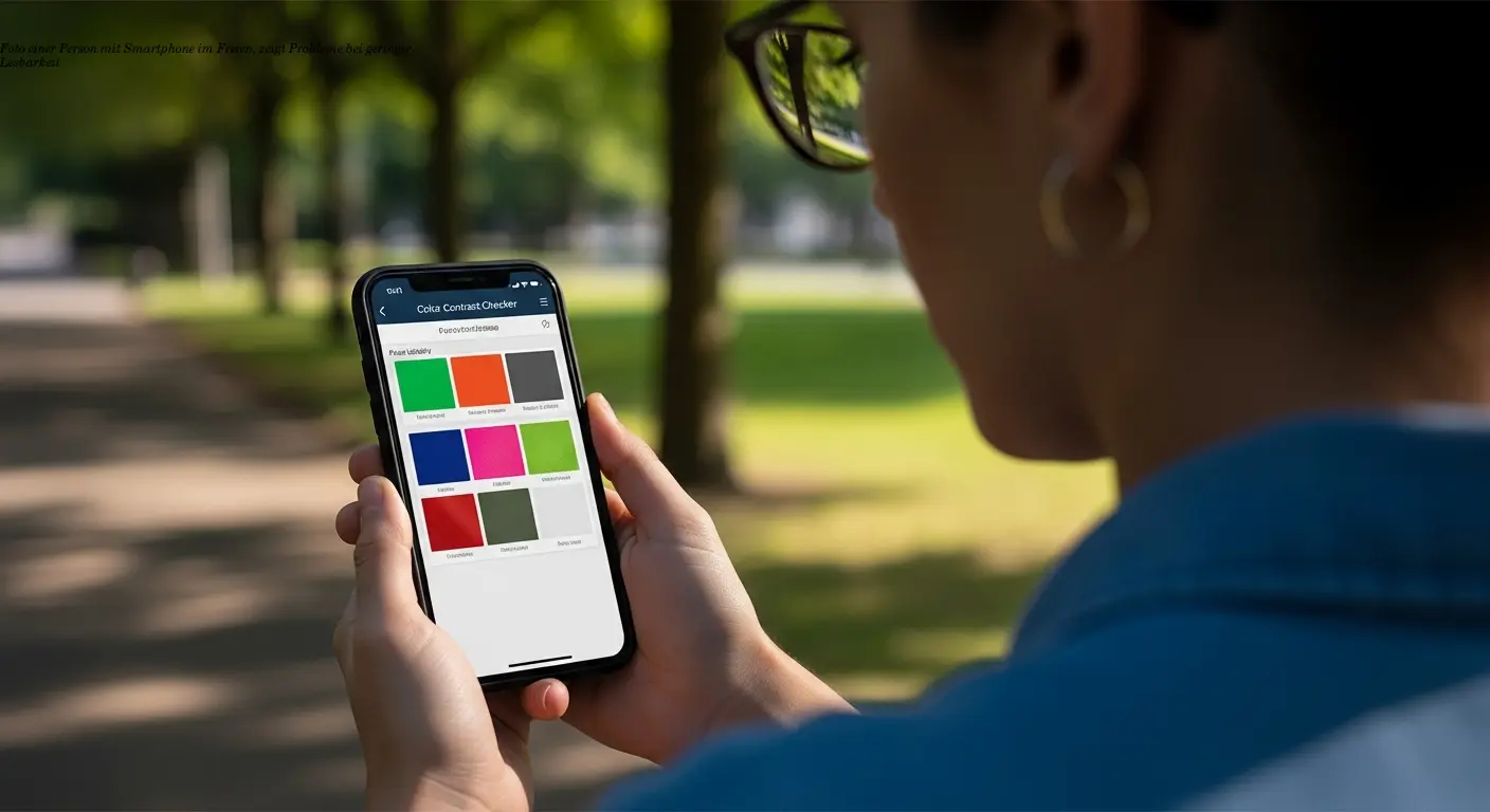 Foto einer Person mit Smartphone im Freien, zeigt Probleme bei geringer Lesbarkeit