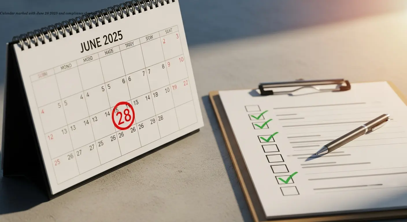 Calendar marked with June 28 2025 and compliance checklist