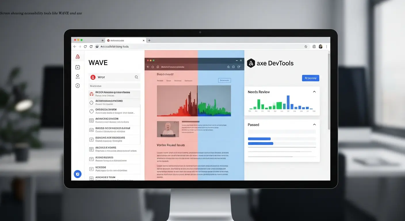 Screen showing accessibility tools like WAVE and axe