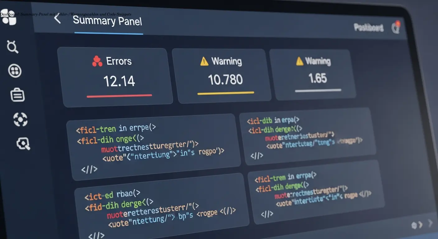 Dashboard: Summary-Panel mit Fehler-/Warnungszahlen und Code-Snippets