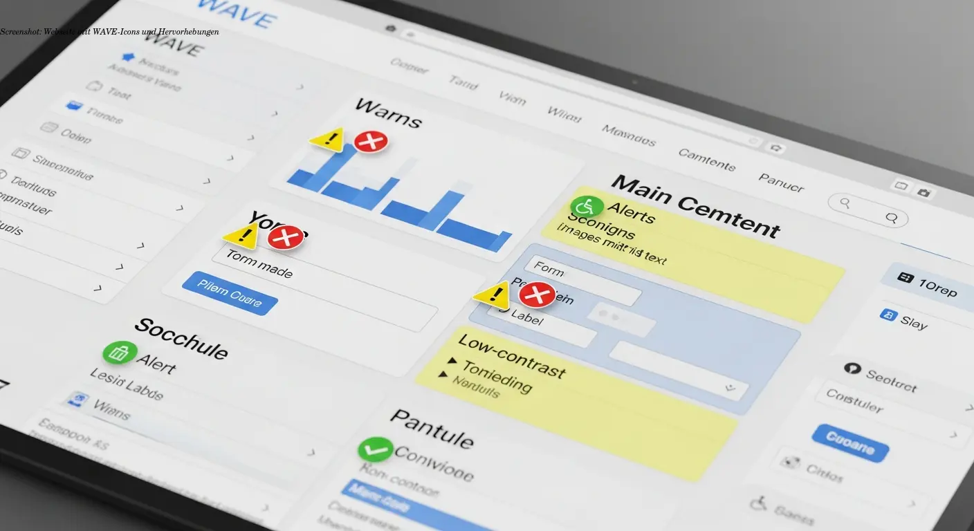 Screenshot: Webseite mit WAVE-Icons und Hervorhebungen