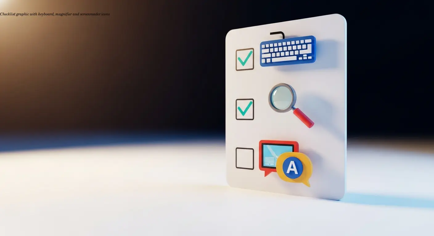 Checklist graphic with keyboard, magnifier and screenreader icons