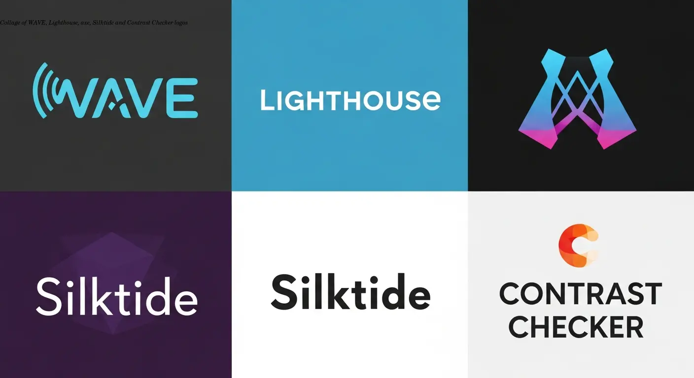 Collage of WAVE, Lighthouse, axe, Silktide and Contrast Checker logos