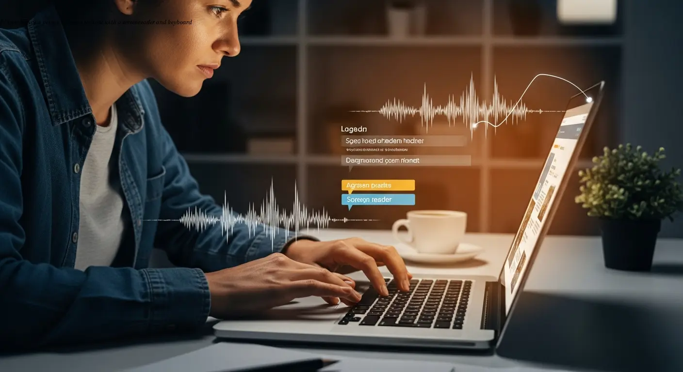 Illustration of a person testing a website with a screenreader and keyboard