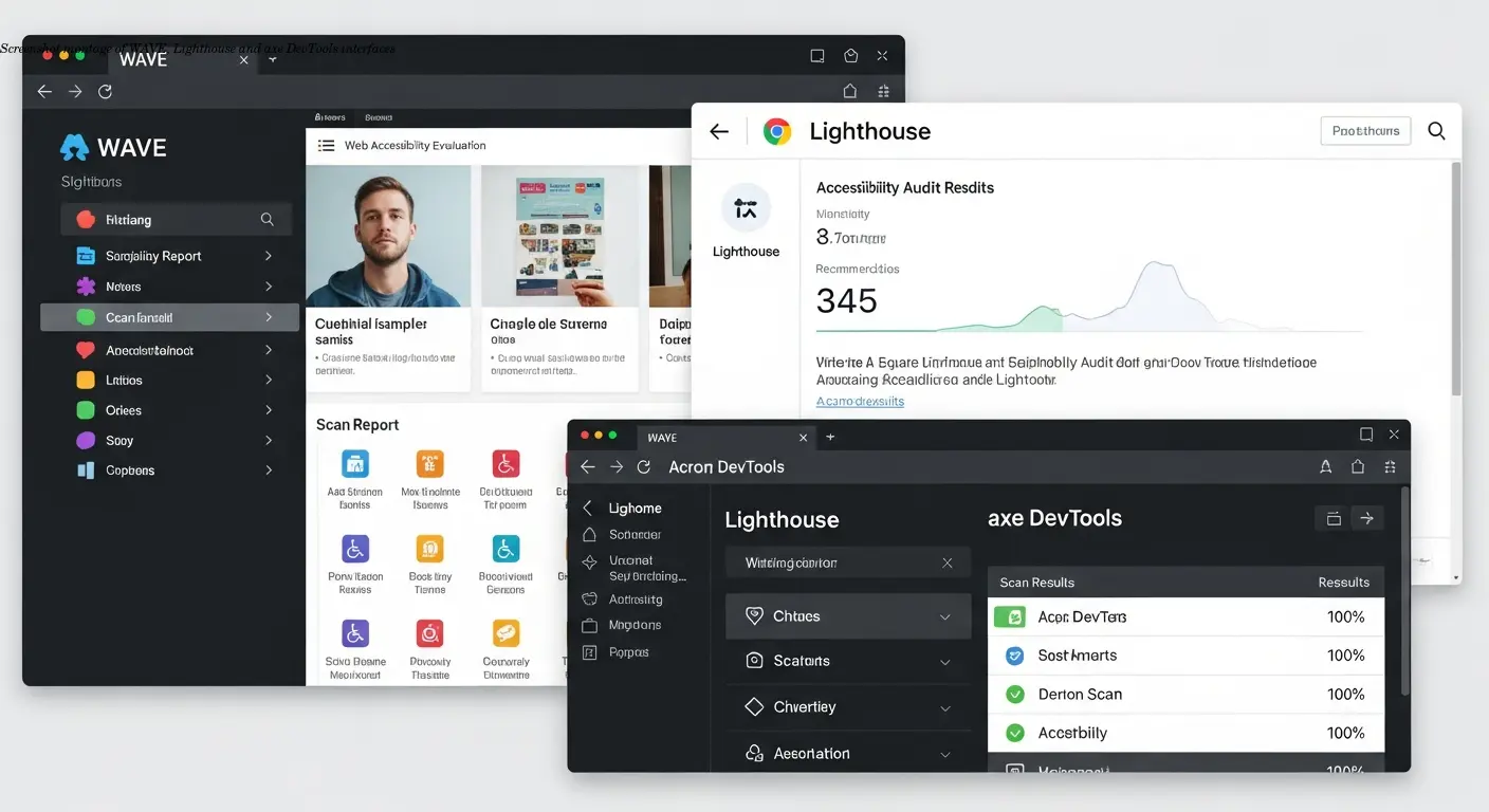 Screenshot montage of WAVE, Lighthouse and axe DevTools interfaces