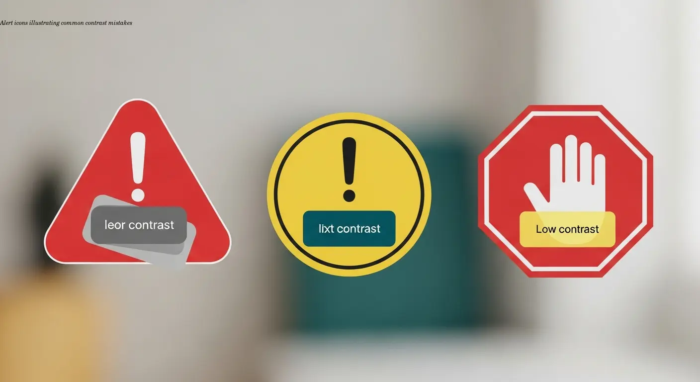 Alert icons illustrating common contrast mistakes