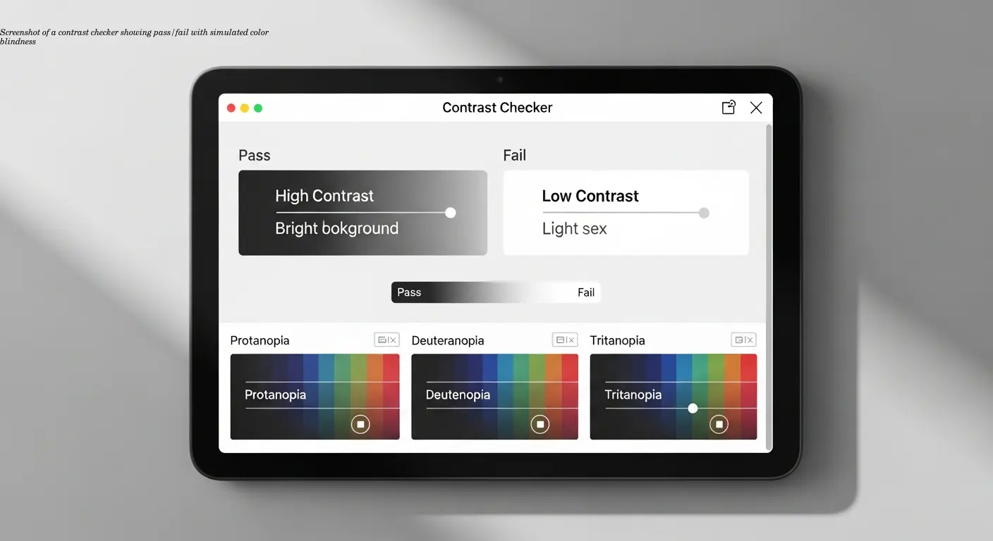 Screenshot of a contrast checker showing pass/fail with simulated color blindness