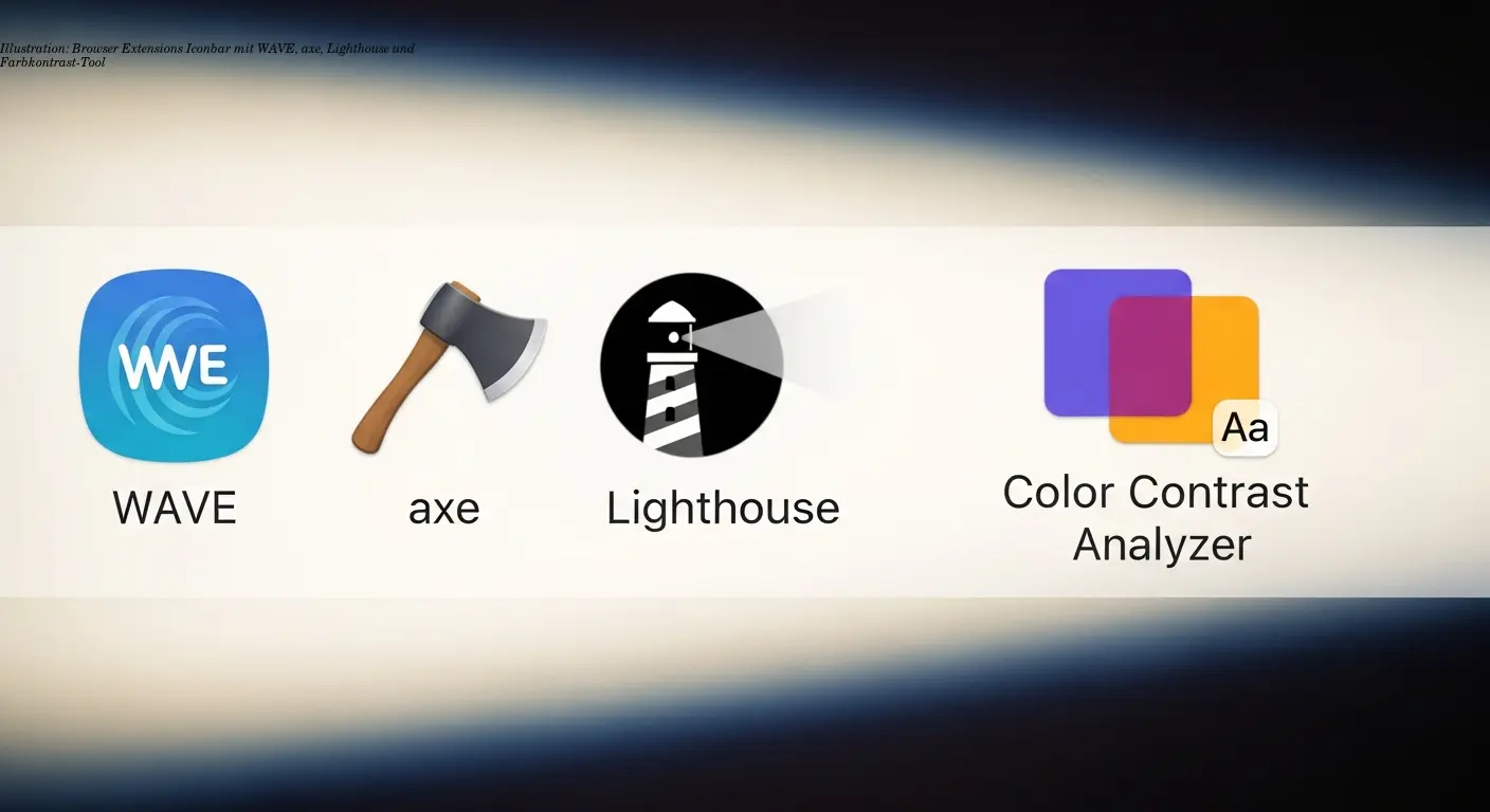 Illustration: Browser Extensions Iconbar mit WAVE, axe, Lighthouse und Farbkontrast-Tool
