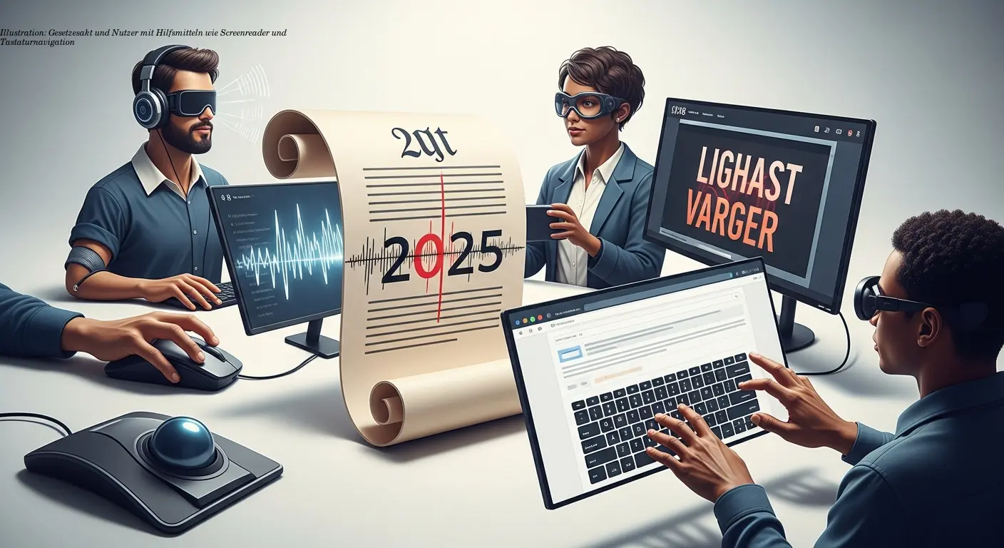 Illustration: Gesetzesakt und Nutzer mit Hilfsmitteln wie Screenreader und Tastaturnavigation