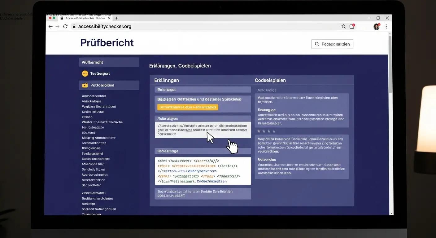 Interface: accessibilitychecker.org Prüfbericht mit Erklärungen und Codebeispielen