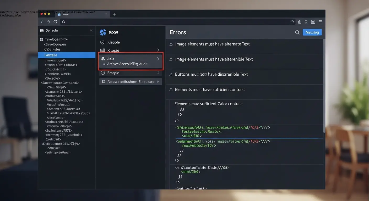 Interface: axe Integration in den Developer Tools mit Fehlerliste und Codebeispielen
