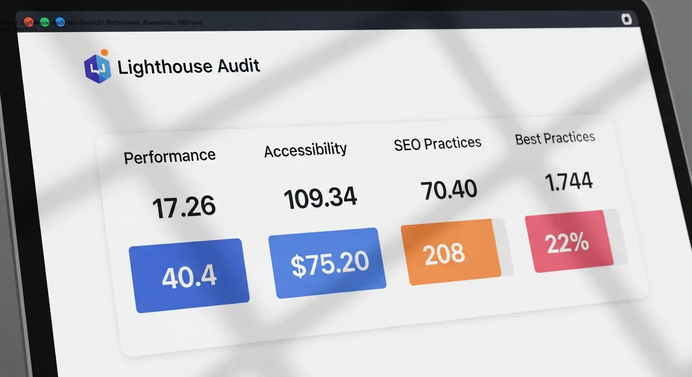 Report: Lighthouse-Audit mit Scores für Performance, Accessibility, SEO und Best Practices
