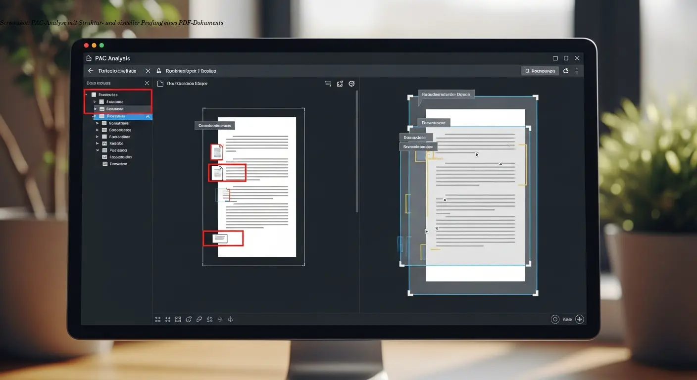 Screenshot: PAC-Analyse mit Struktur- und visueller Prüfung eines PDF-Dokuments