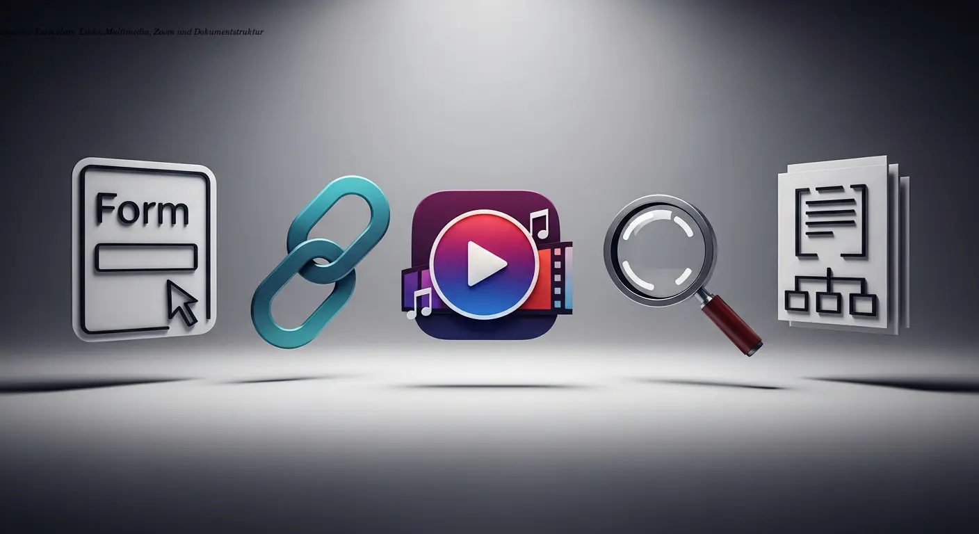 Icons für Formulare, Links, Multimedia, Zoom und Dokumentstruktur