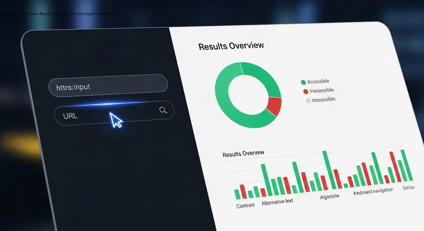 Illustration eines Check-Reports, URL-Eingabe und Ergebnisübersicht