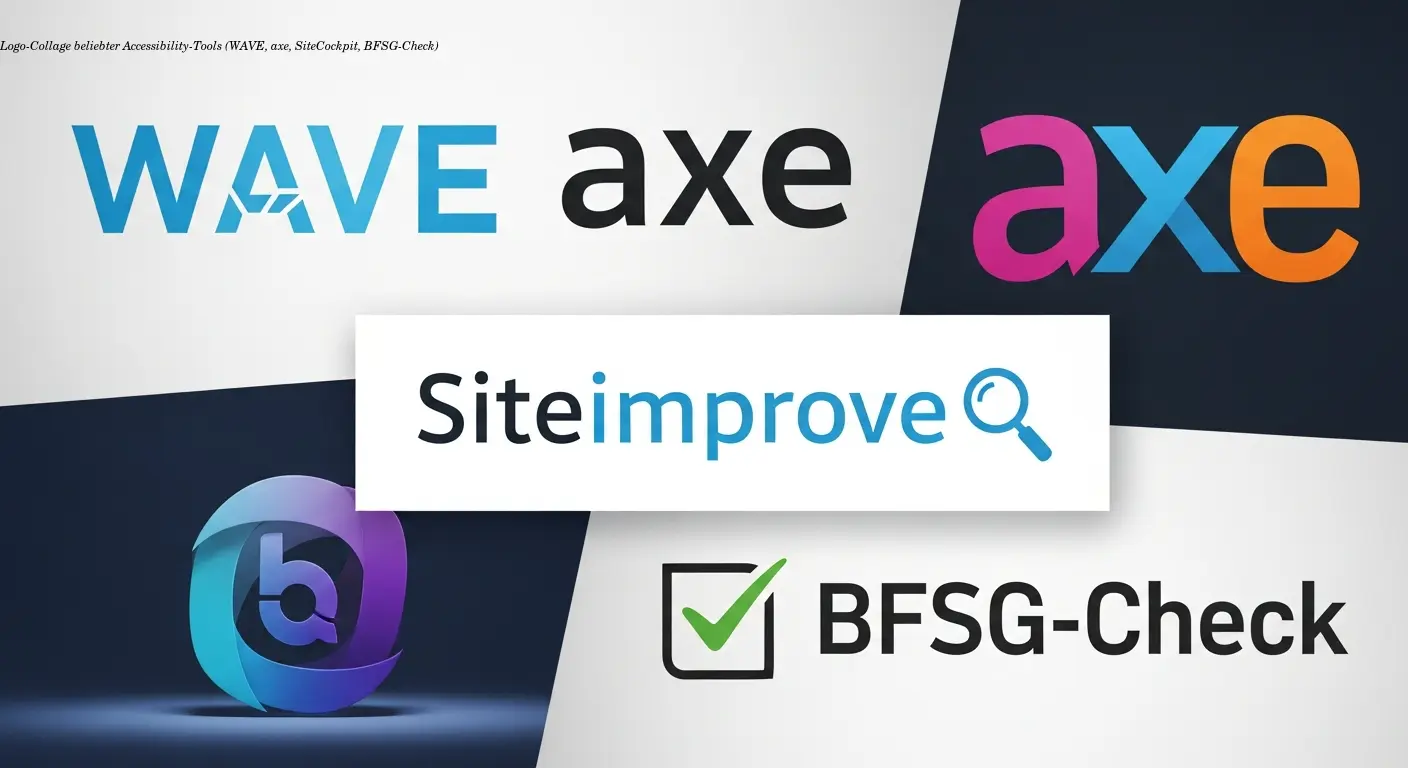 Logo-Collage beliebter Accessibility-Tools (WAVE, axe, SiteCockpit, BFSG-Check)