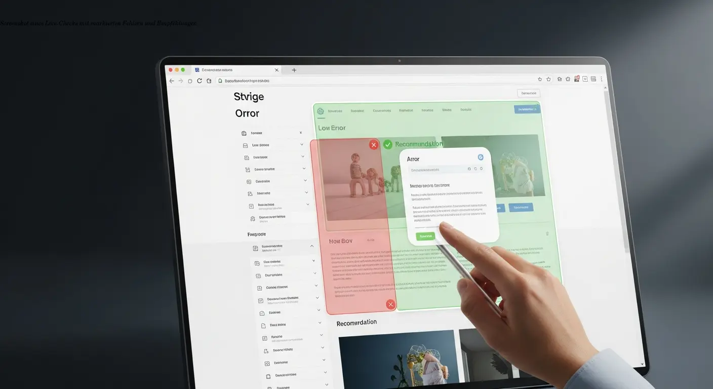 Screenshot eines Live-Checks mit markierten Fehlern und Empfehlungen