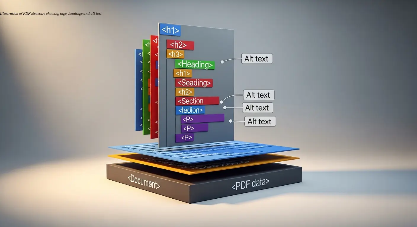 Illustration of PDF structure showing tags, headings and alt text