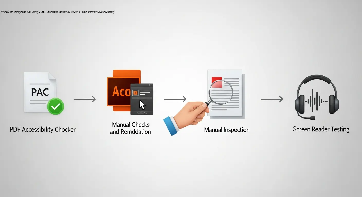 Workflow diagram showing PAC, Acrobat, manual checks, and screenreader testing