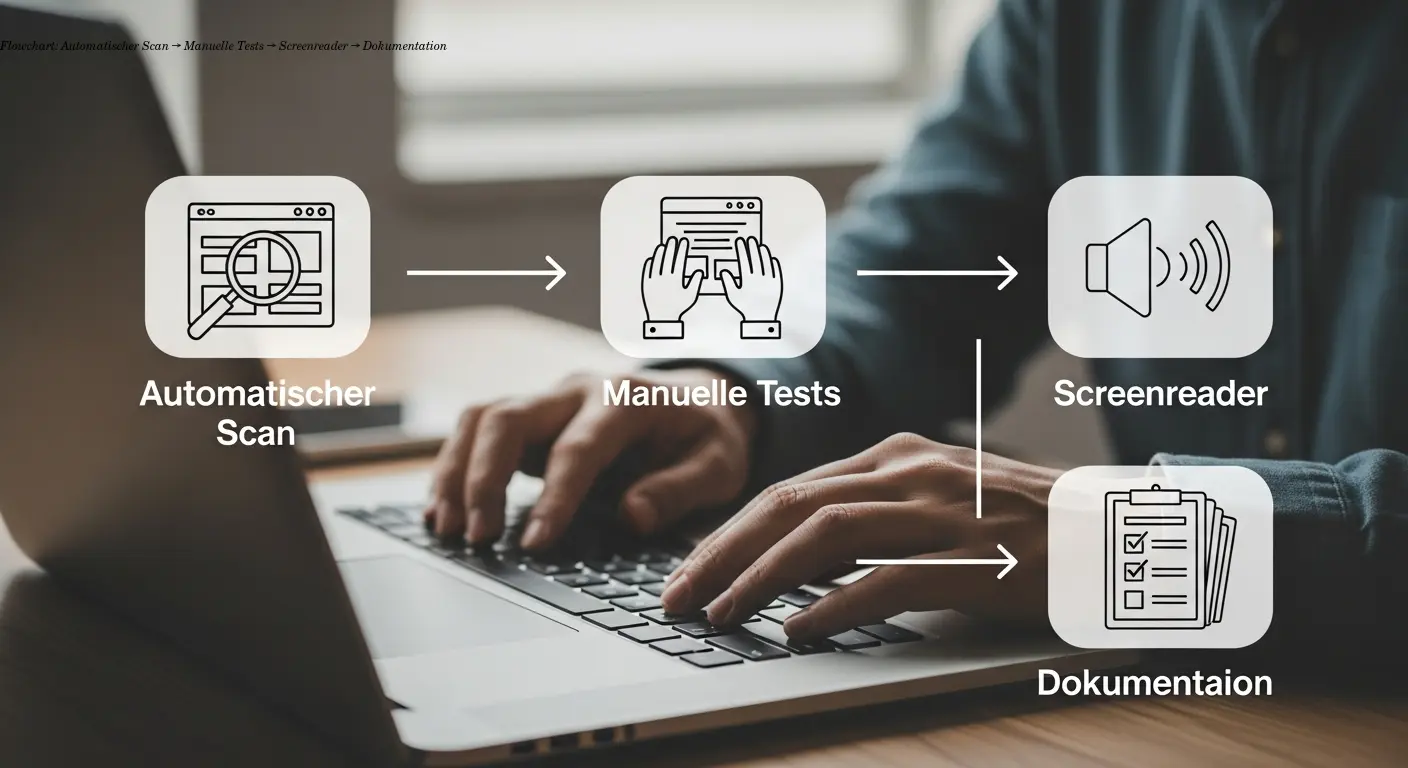 Flowchart: Automatischer Scan → Manuelle Tests → Screenreader → Dokumentation