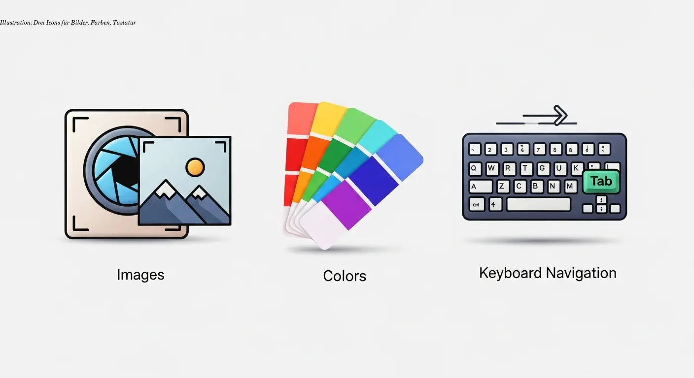 Illustration: Drei Icons für Bilder, Farben, Tastatur