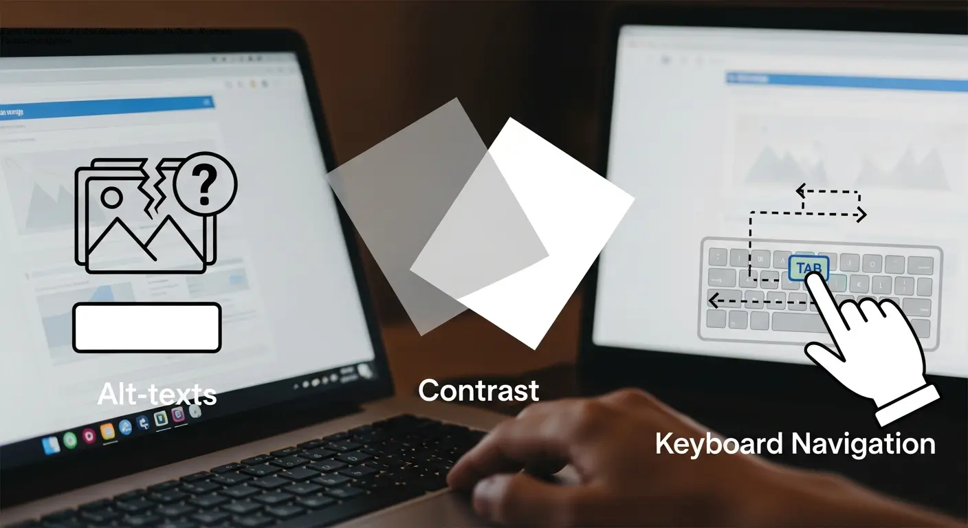 Kurze Illustration der drei Hauptprobleme: Alt-Texte, Kontrast, Tastaturnavigation
