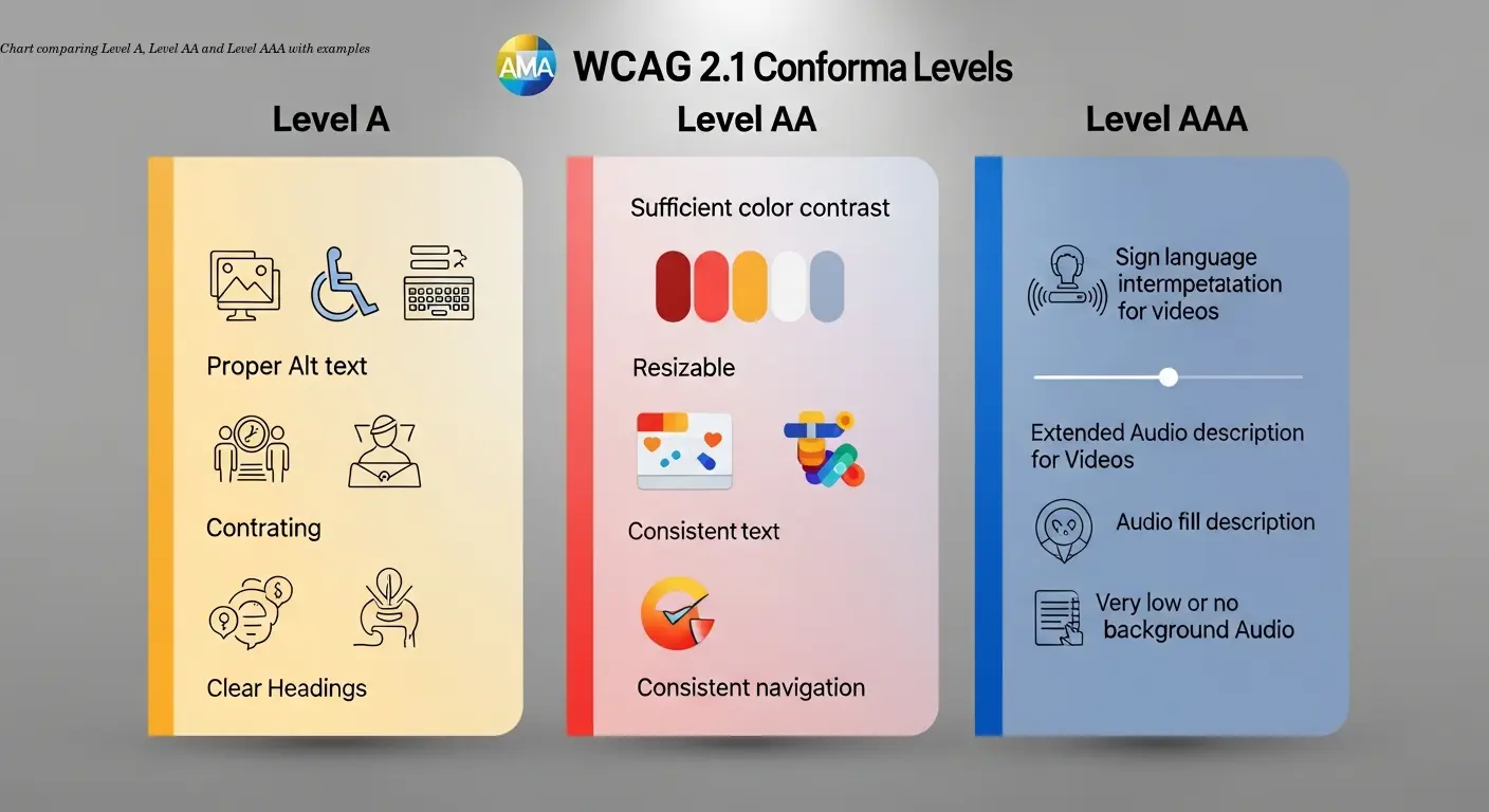 Chart comparing Level A, Level AA and Level AAA with examples