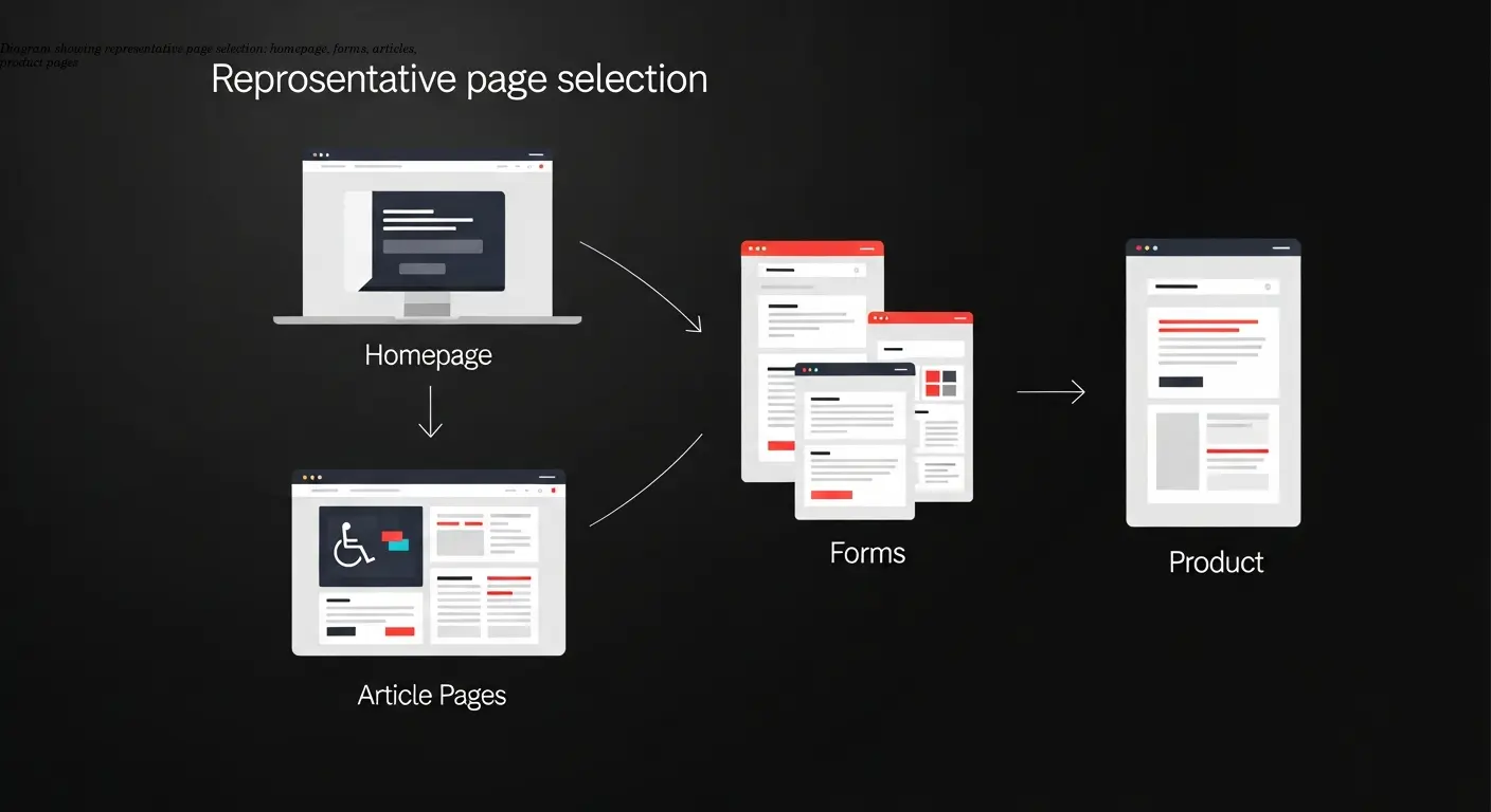 Diagram showing representative page selection: homepage, forms, articles, product pages