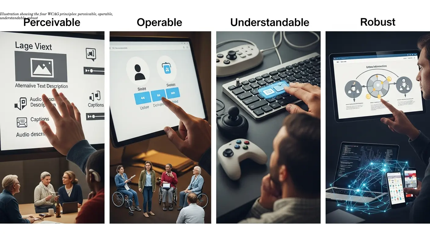 Illustration showing the four WCAG principles: perceivable, operable, understandable, robust