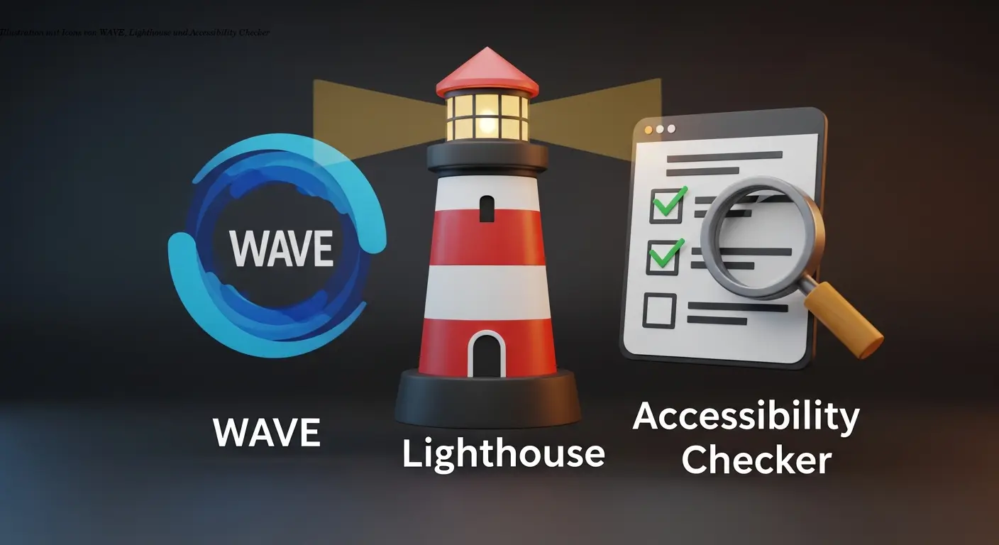 Illustration mit Icons von WAVE, Lighthouse und Accessibility Checker