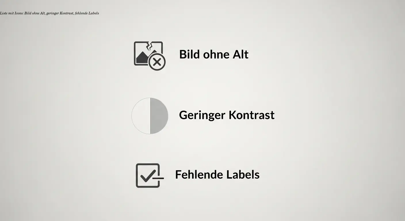 Liste mit Icons: Bild ohne Alt, geringer Kontrast, fehlende Labels