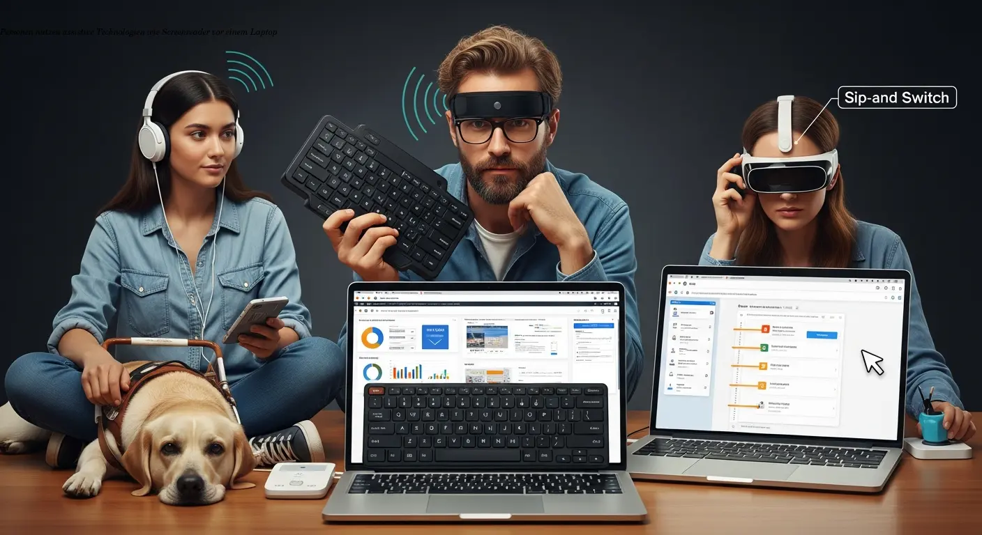 Personen nutzen assistive Technologien wie Screenreader vor einem Laptop