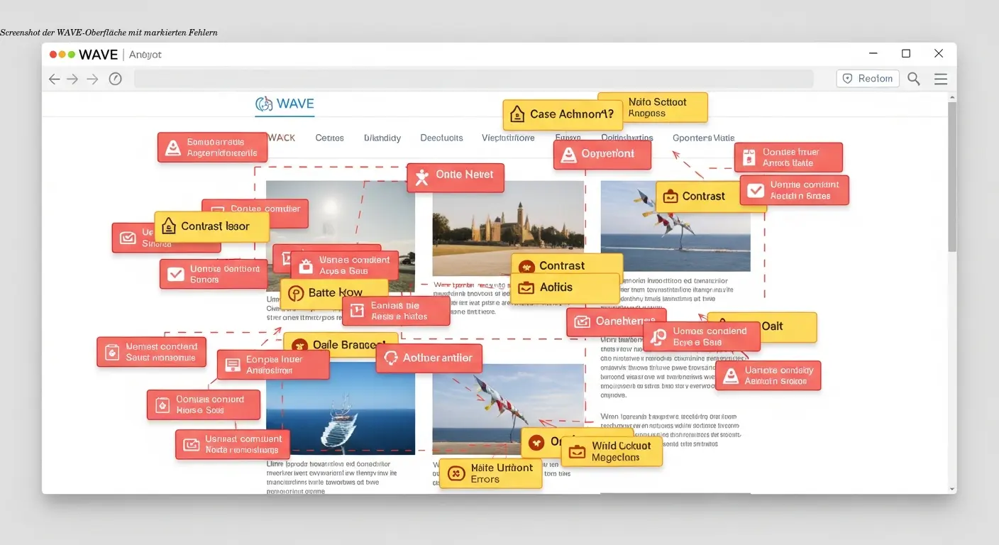 Screenshot der WAVE-Oberfläche mit markierten Fehlern
