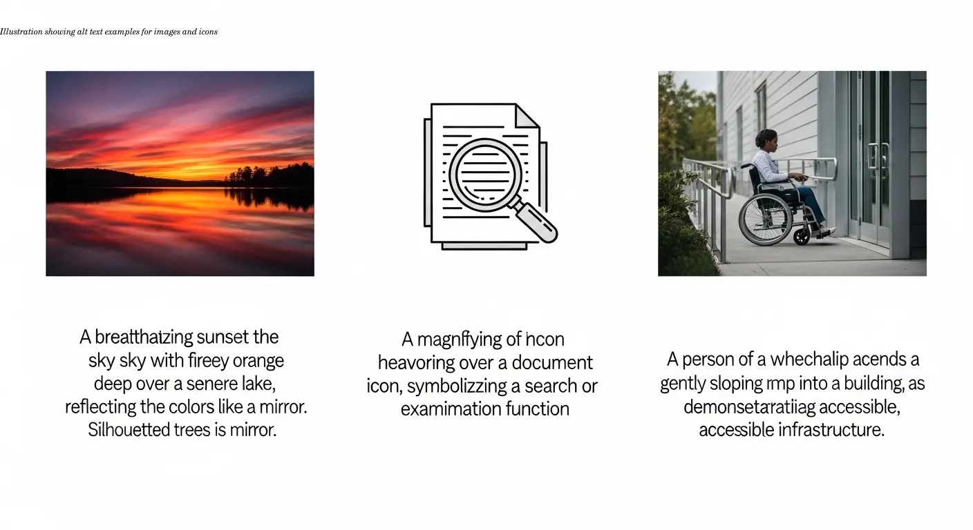 Illustration showing alt text examples for images and icons