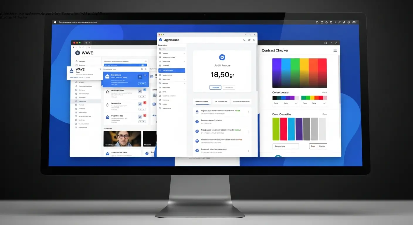 Bildschirm mit mehreren Accessibility-Tools offen: WAVE, Lighthouse, Kontrast-Checker