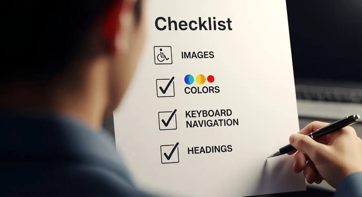 Checkliste mit Häkchen zu Bildern, Farben, Tastatur, Überschriften