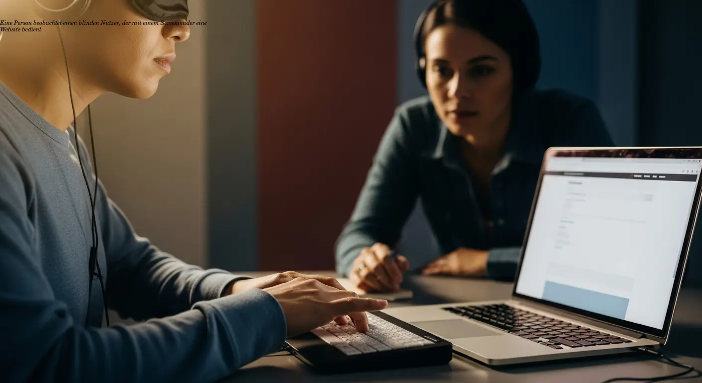 Eine Person beobachtet einen blinden Nutzer, der mit einem Screenreader eine Website bedient