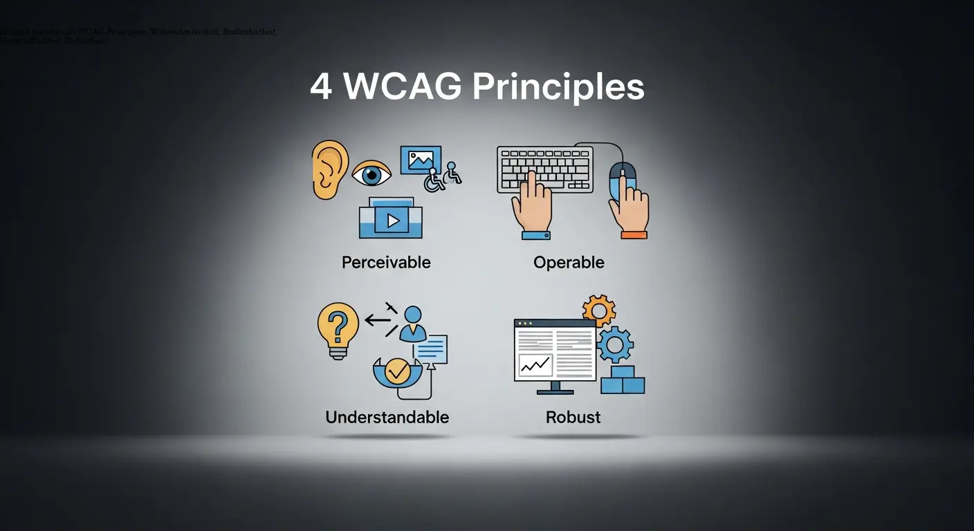 Schema mit den vier WCAG-Prinzipien: Wahrnehmbarkeit, Bedienbarkeit, Verständlichkeit, Robustheit