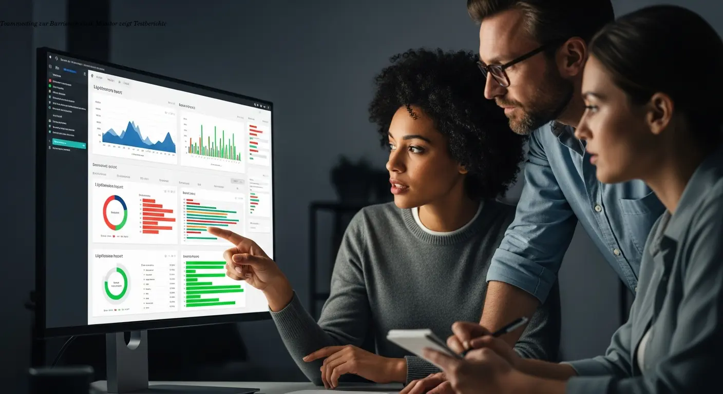 Teammeeting zur Barrierefreiheit; Monitor zeigt Testberichte