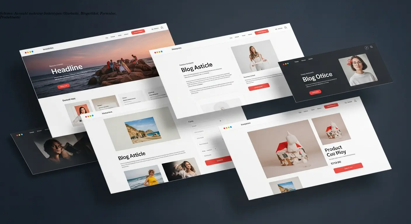 Schema: Auswahl mehrerer Seitentypen (Startseite, Blogartikel, Formular, Produktseite)
