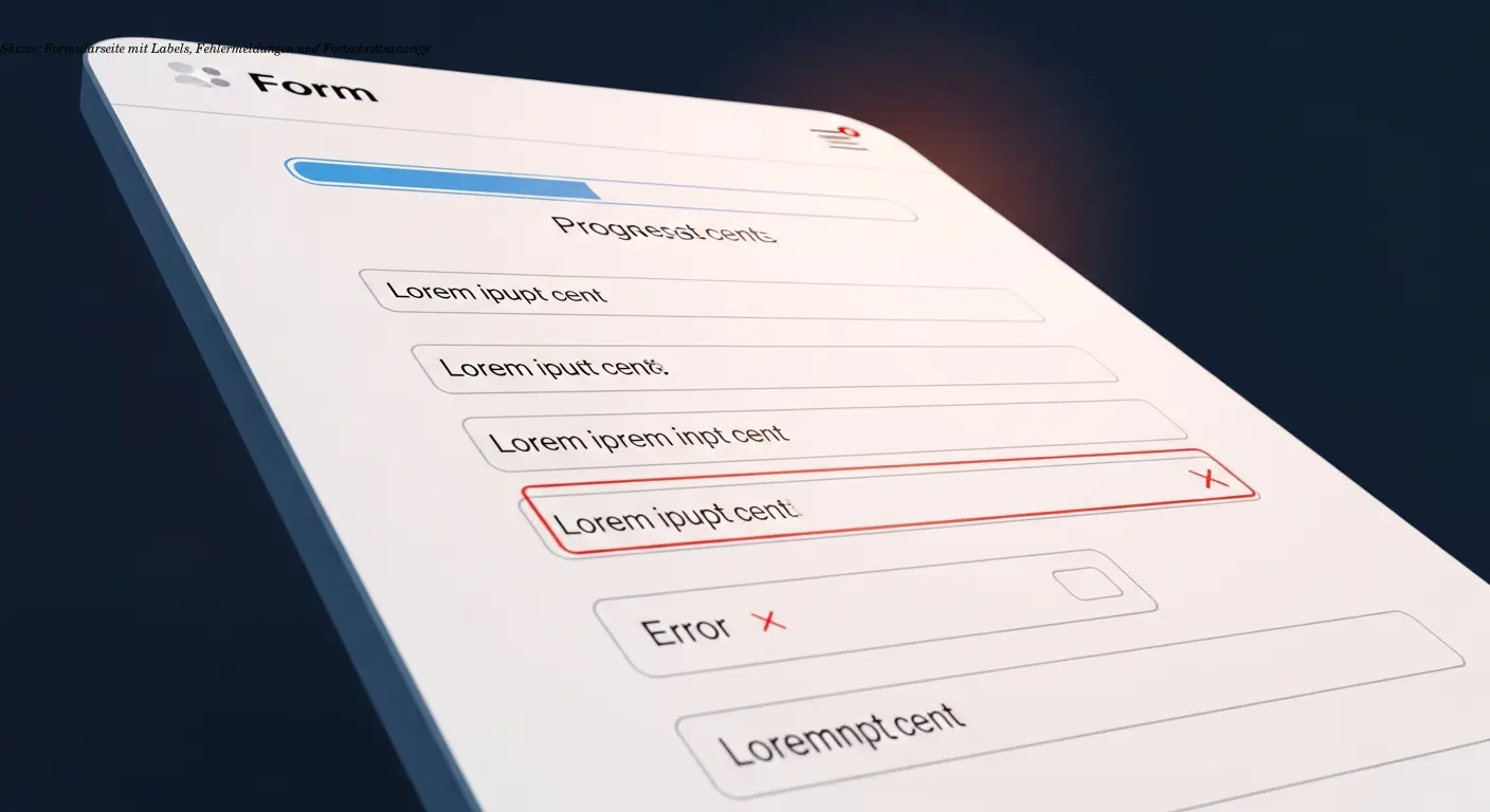 Skizze: Formularseite mit Labels, Fehlermeldungen und Fortschrittsanzeige