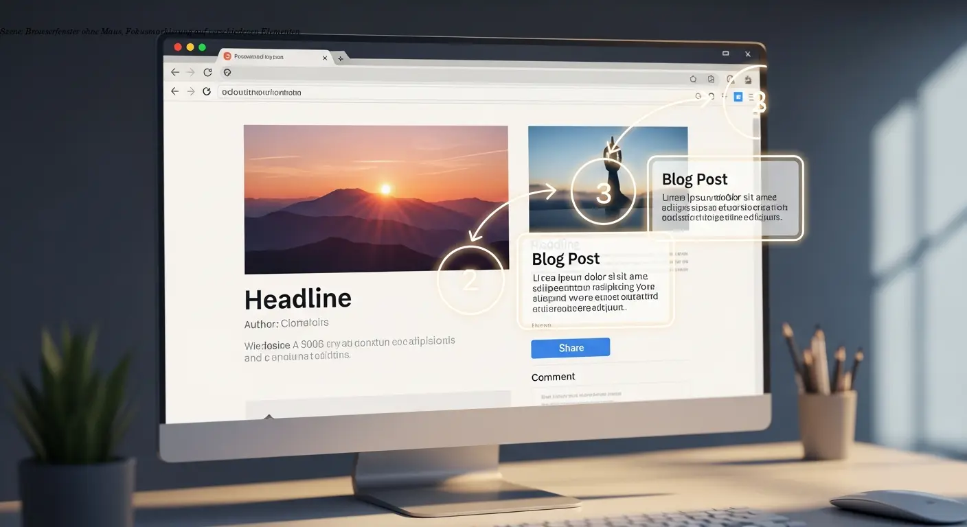 Szene: Browserfenster ohne Maus, Fokusmarkierung auf verschiedenen Elementen